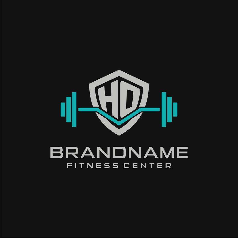 Creative letter HO logo design for gym or fitness with simple shield and barbell design style vector