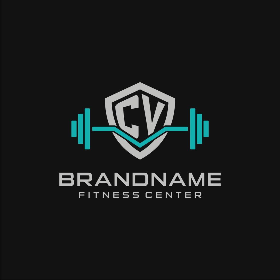 Creative letter CV logo design for gym or fitness with simple shield and barbell design style vector