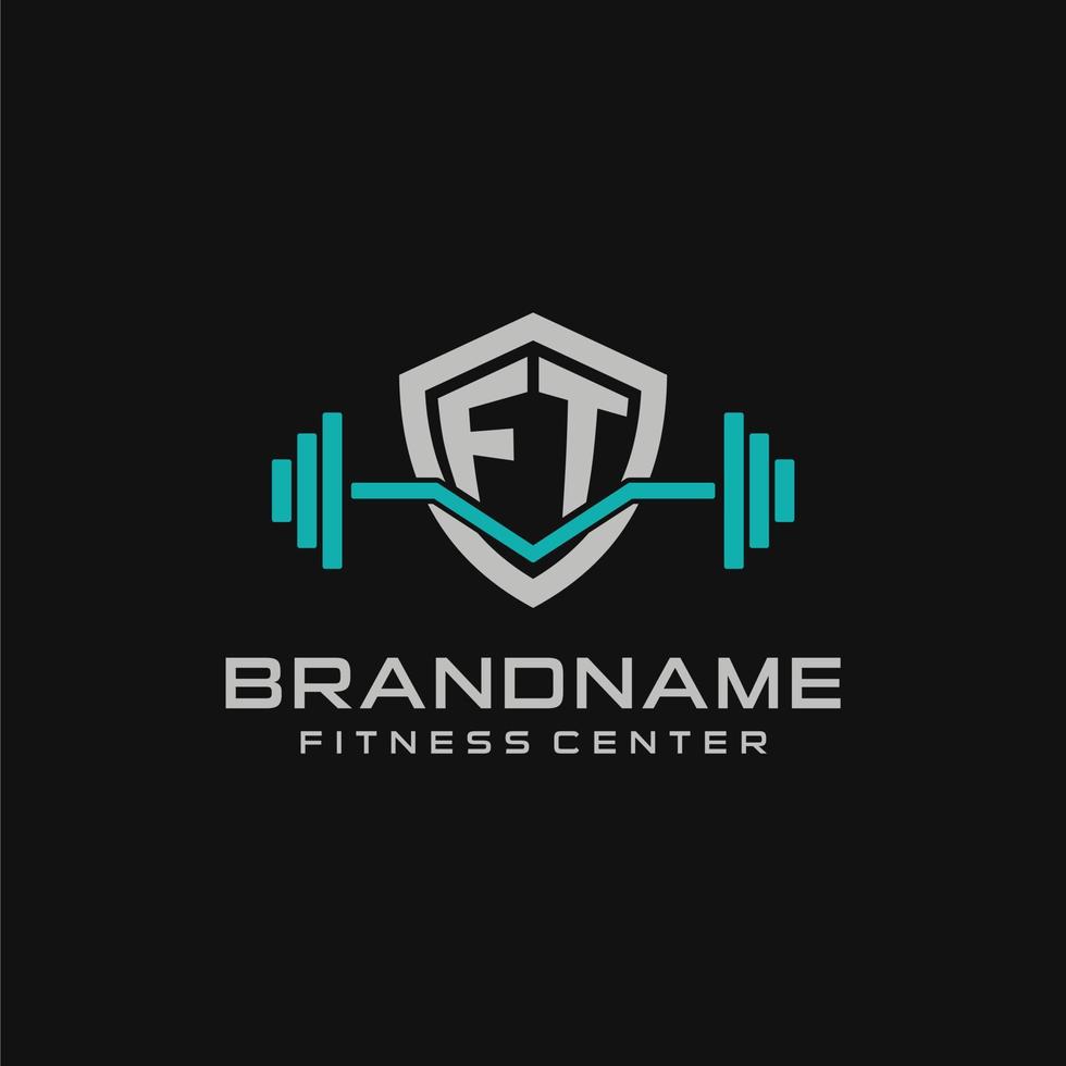 Creative letter FT logo design for gym or fitness with simple shield and barbell design style vector