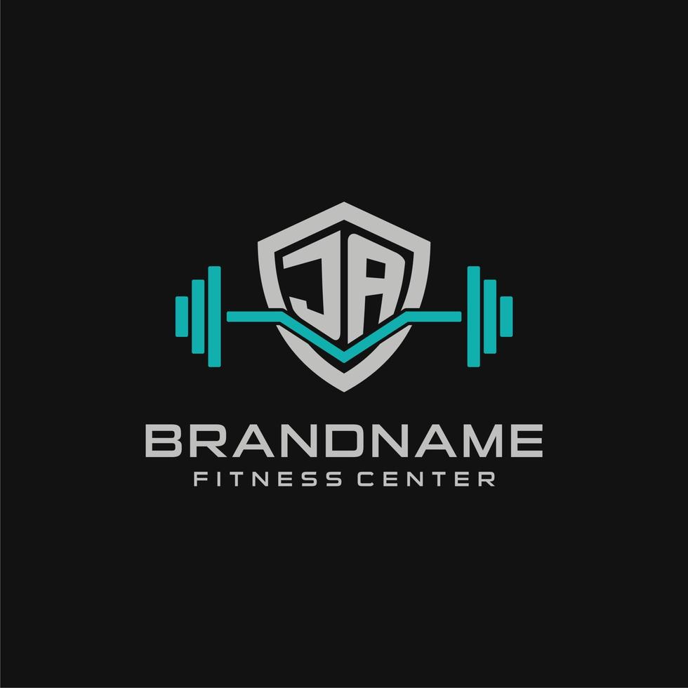 Creative letter JA logo design for gym or fitness with simple shield and barbell design style vector