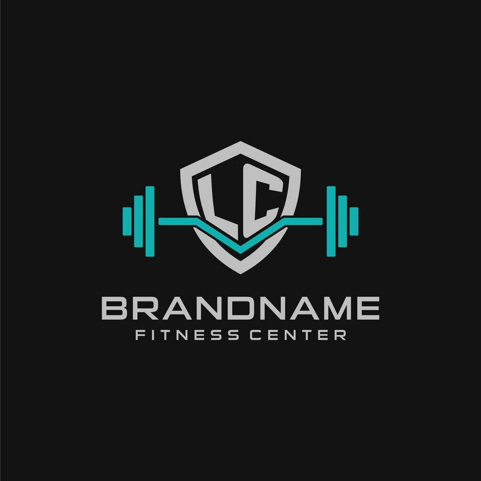 Creative letter LC logo design for gym or fitness with simple shield and barbell design style vector