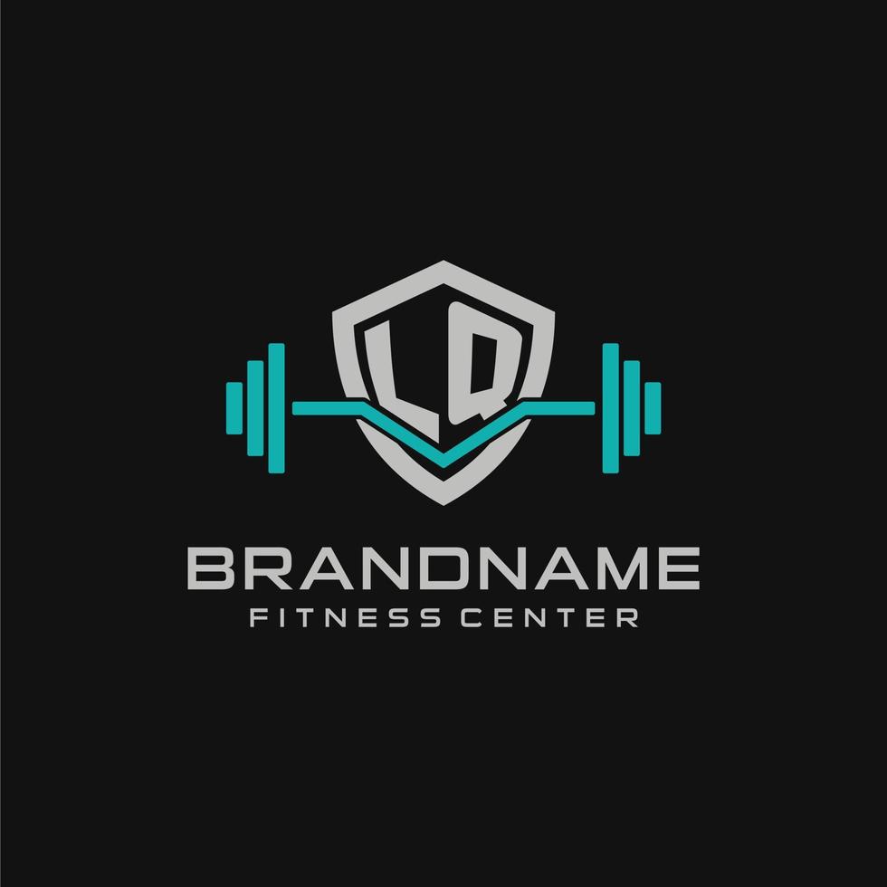 Creative letter LQ logo design for gym or fitness with simple shield and barbell design style vector