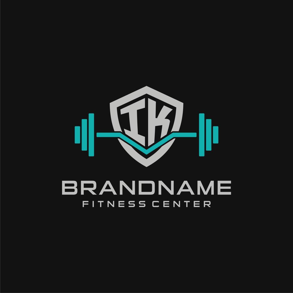 Creative letter IK logo design for gym or fitness with simple shield and barbell design style vector