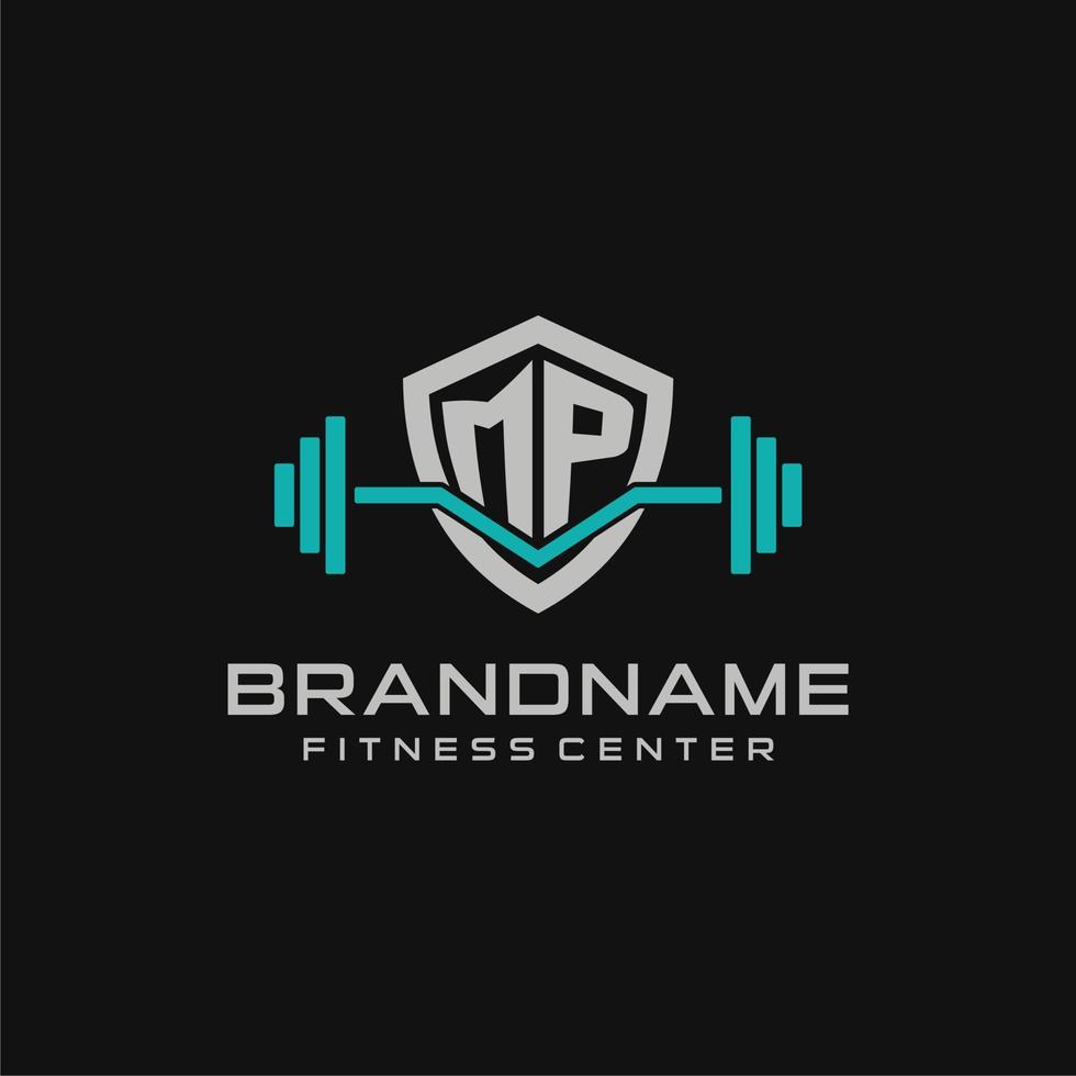 Creative letter MP logo design for gym or fitness with simple shield and barbell design style vector