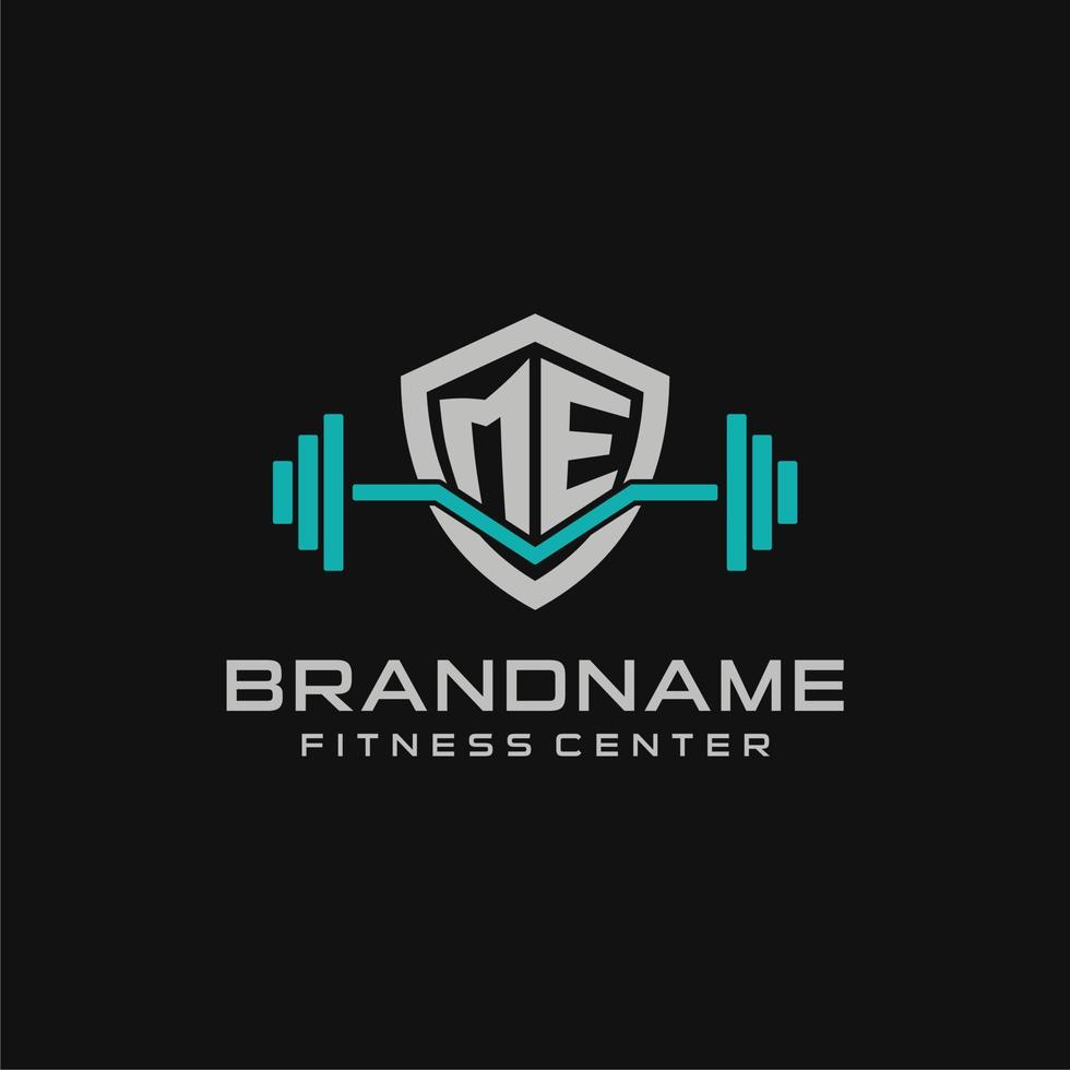 Creative letter ME logo design for gym or fitness with simple shield and barbell design style vector