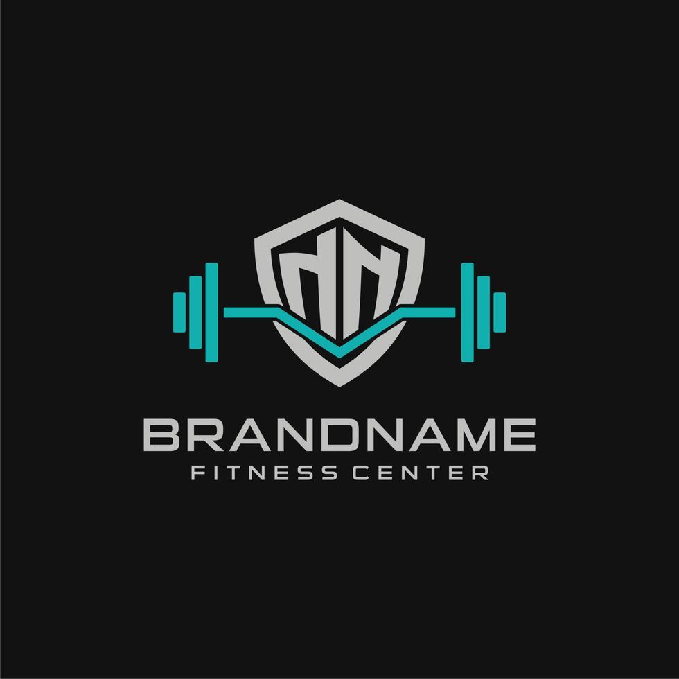 Creative letter NN logo design for gym or fitness with simple shield and barbell design style vector