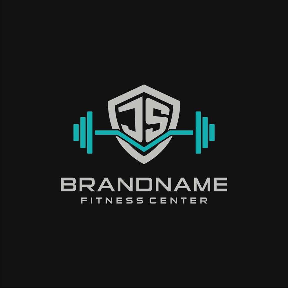 Creative letter JS logo design for gym or fitness with simple shield and barbell design style vector