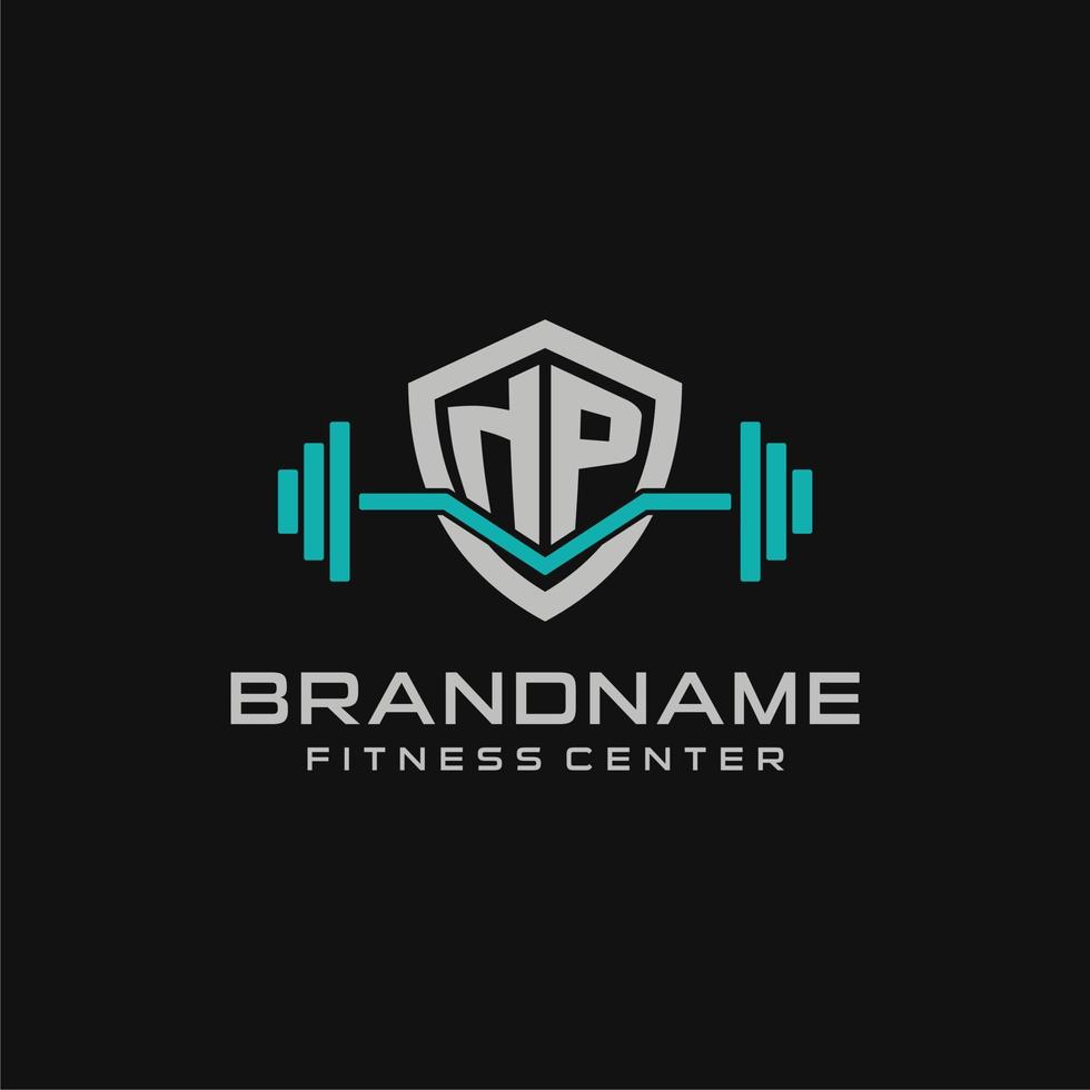Creative letter NP logo design for gym or fitness with simple shield and barbell design style vector