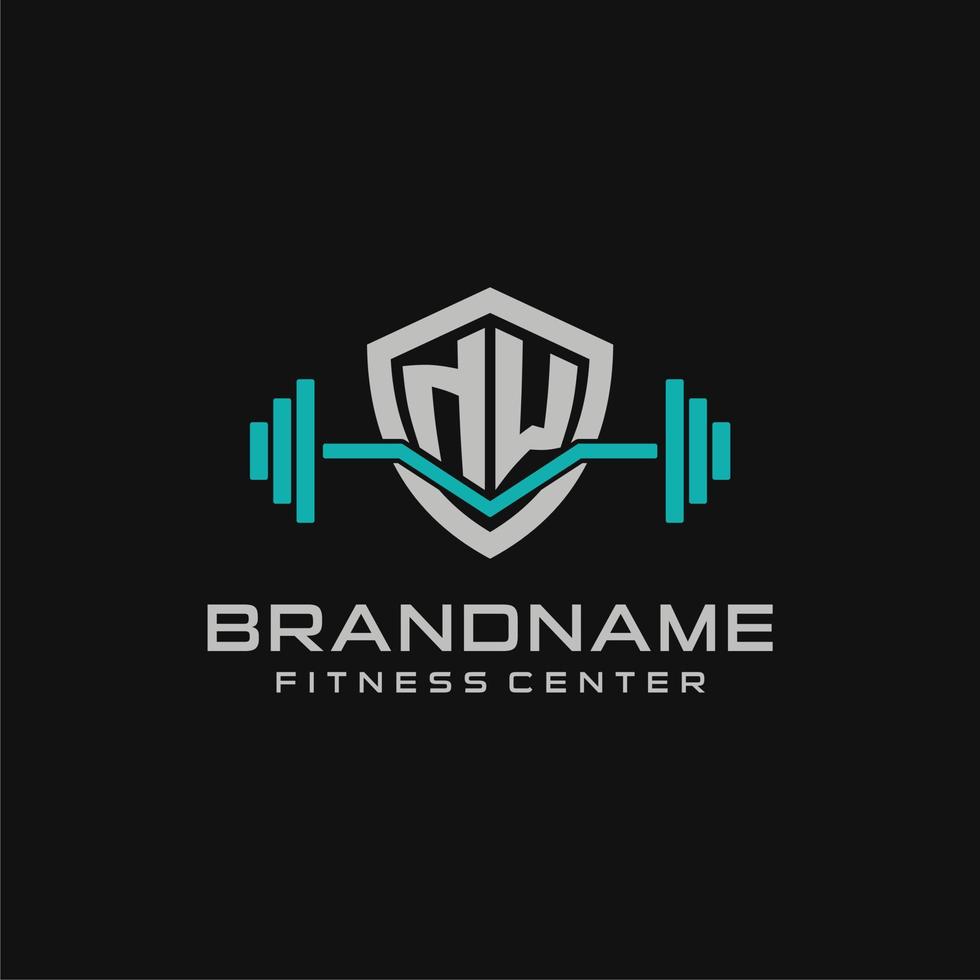 Creative letter NW logo design for gym or fitness with simple shield and barbell design style vector