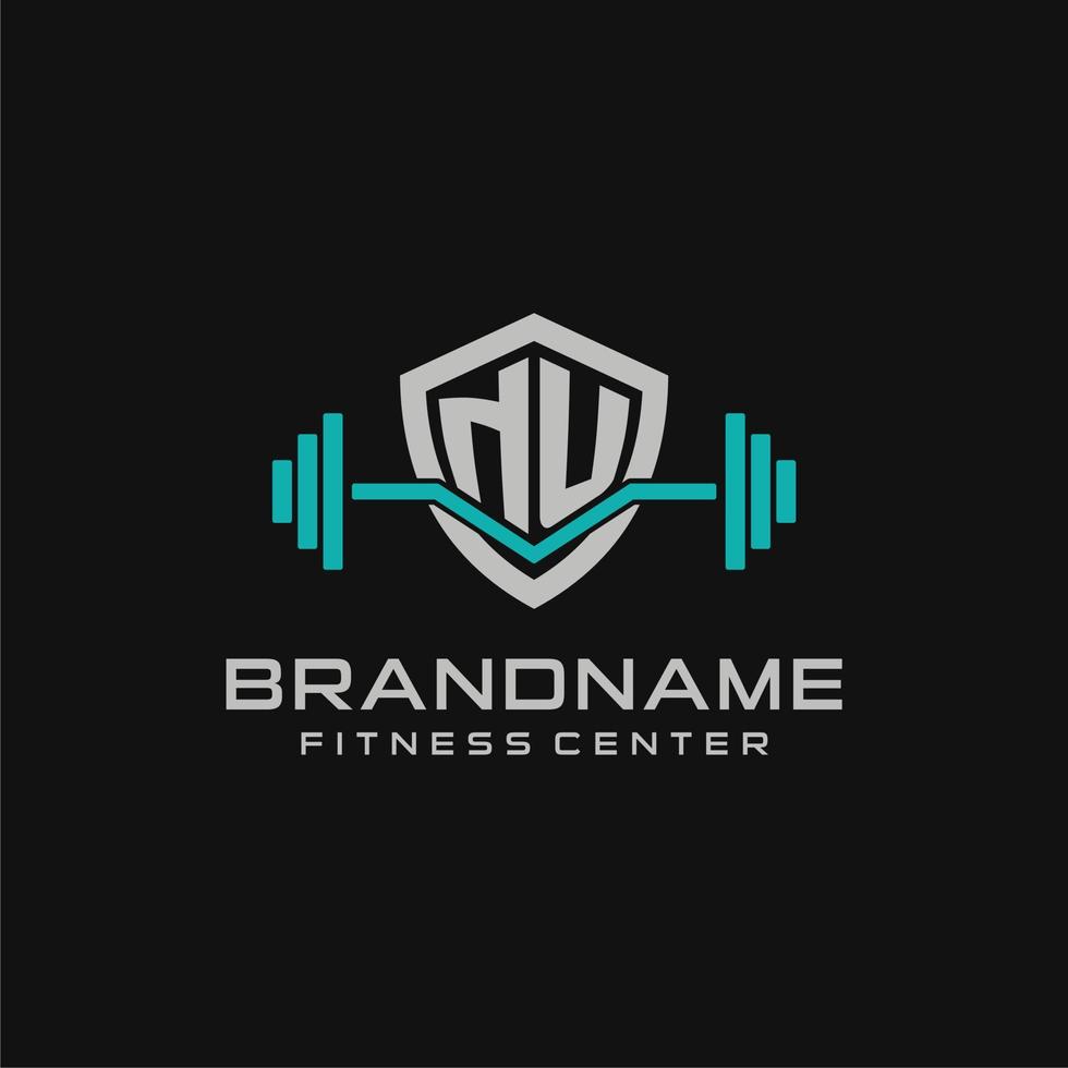 Creative letter NU logo design for gym or fitness with simple shield and barbell design style vector