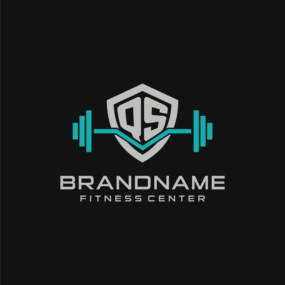 Creative letter QS logo design for gym or fitness with simple shield and barbell design style vector