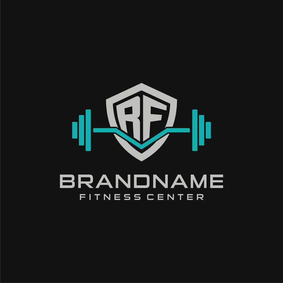 Creative letter RF logo design for gym or fitness with simple shield and barbell design style vector