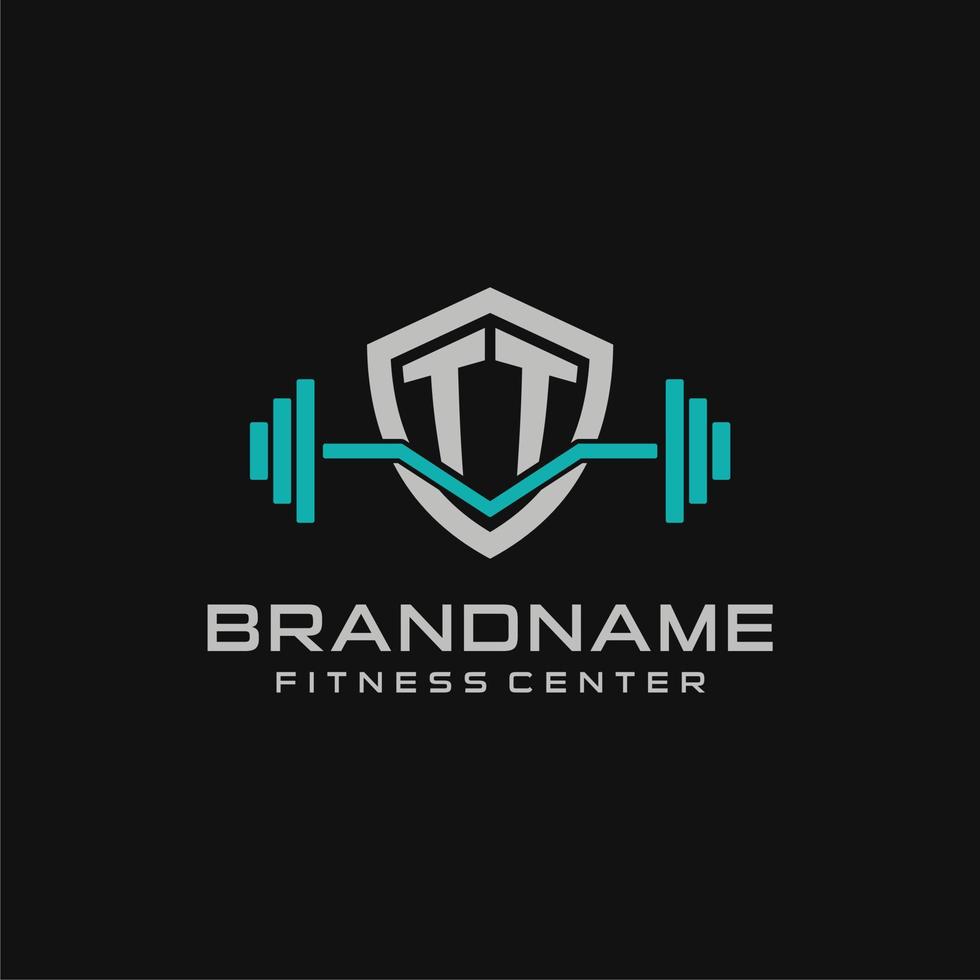 Creative letter TT logo design for gym or fitness with simple shield and barbell design style vector