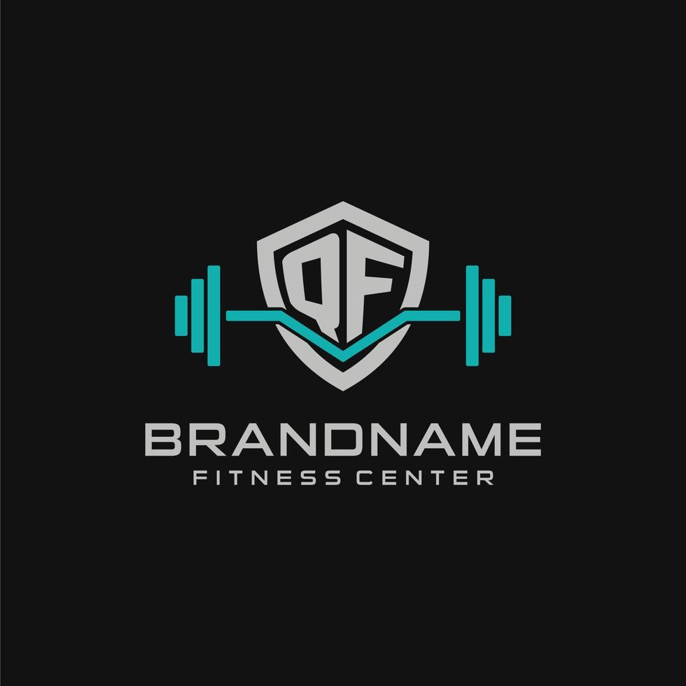 Creative letter QF logo design for gym or fitness with simple shield and barbell design style vector