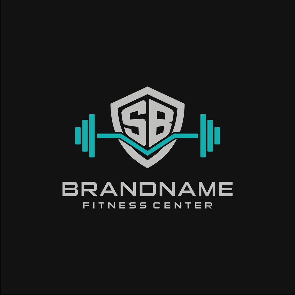 Creative letter SB logo design for gym or fitness with simple shield and barbell design style vector