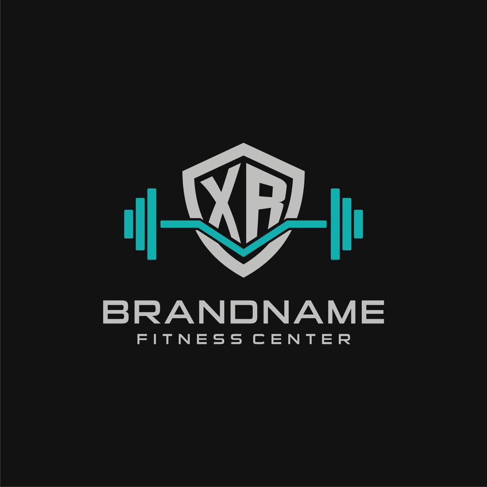 Creative letter XR logo design for gym or fitness with simple shield and barbell design style vector