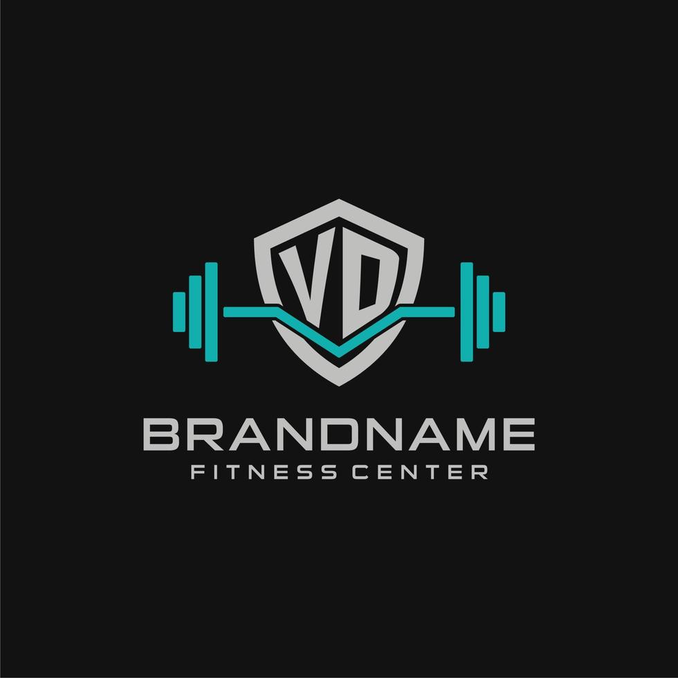 Creative letter VD logo design for gym or fitness with simple shield and barbell design style vector