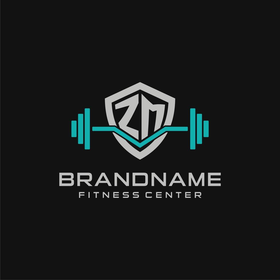 Creative letter ZM logo design for gym or fitness with simple shield and barbell design style vector