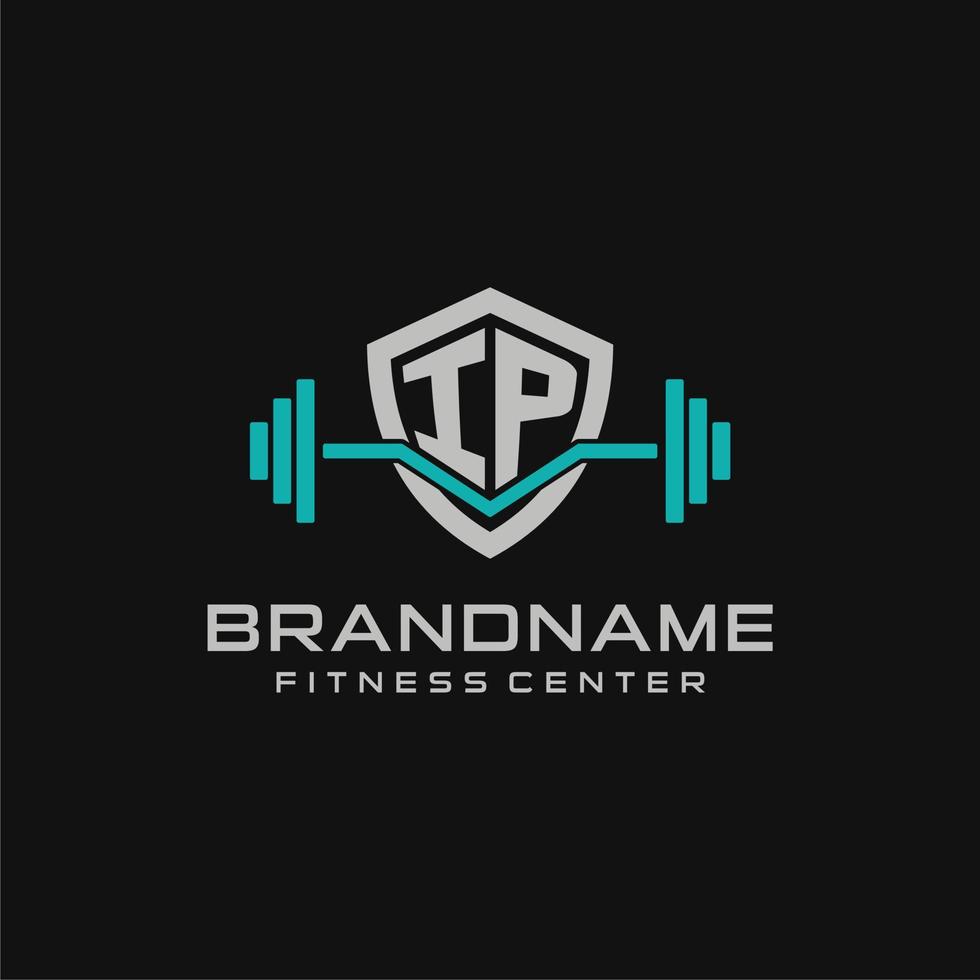 Creative letter IP logo design for gym or fitness with simple shield and barbell design style vector
