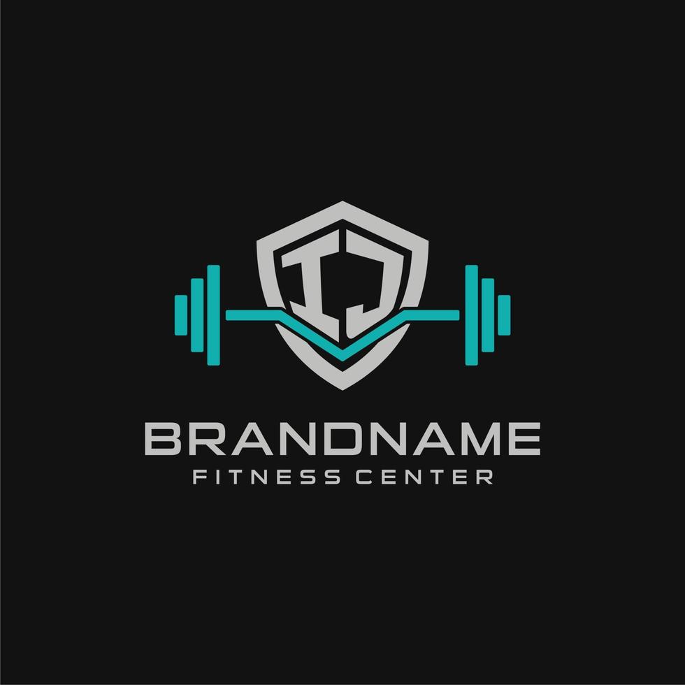 Creative letter IJ logo design for gym or fitness with simple shield and barbell design style vector