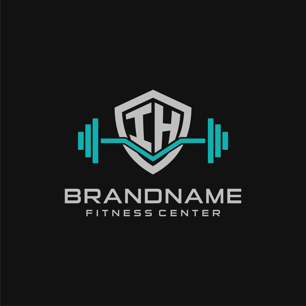 Creative letter IH logo design for gym or fitness with simple shield and barbell design style vector