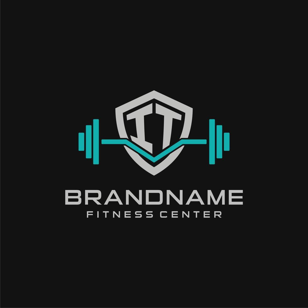 Creative letter IT logo design for gym or fitness with simple shield and barbell design style vector