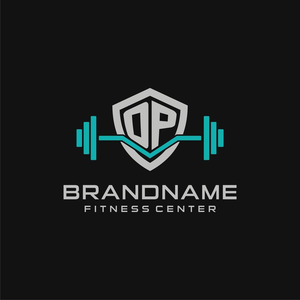 Creative letter OP logo design for gym or fitness with simple shield and barbell design style vector