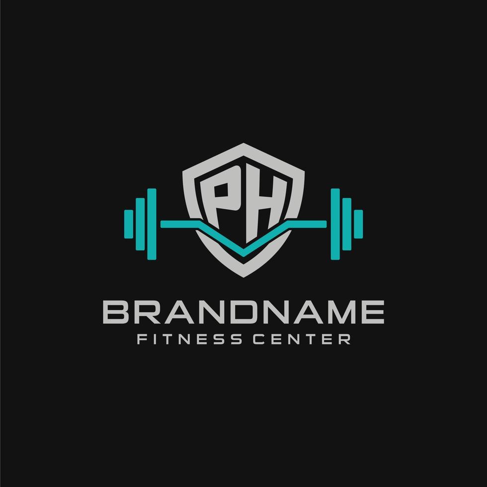 Creative letter PH logo design for gym or fitness with simple shield and barbell design style vector