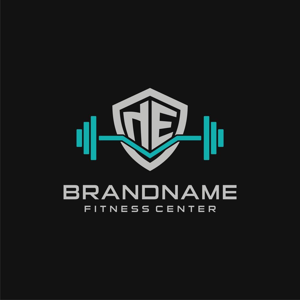 Creative letter NE logo design for gym or fitness with simple shield and barbell design style vector