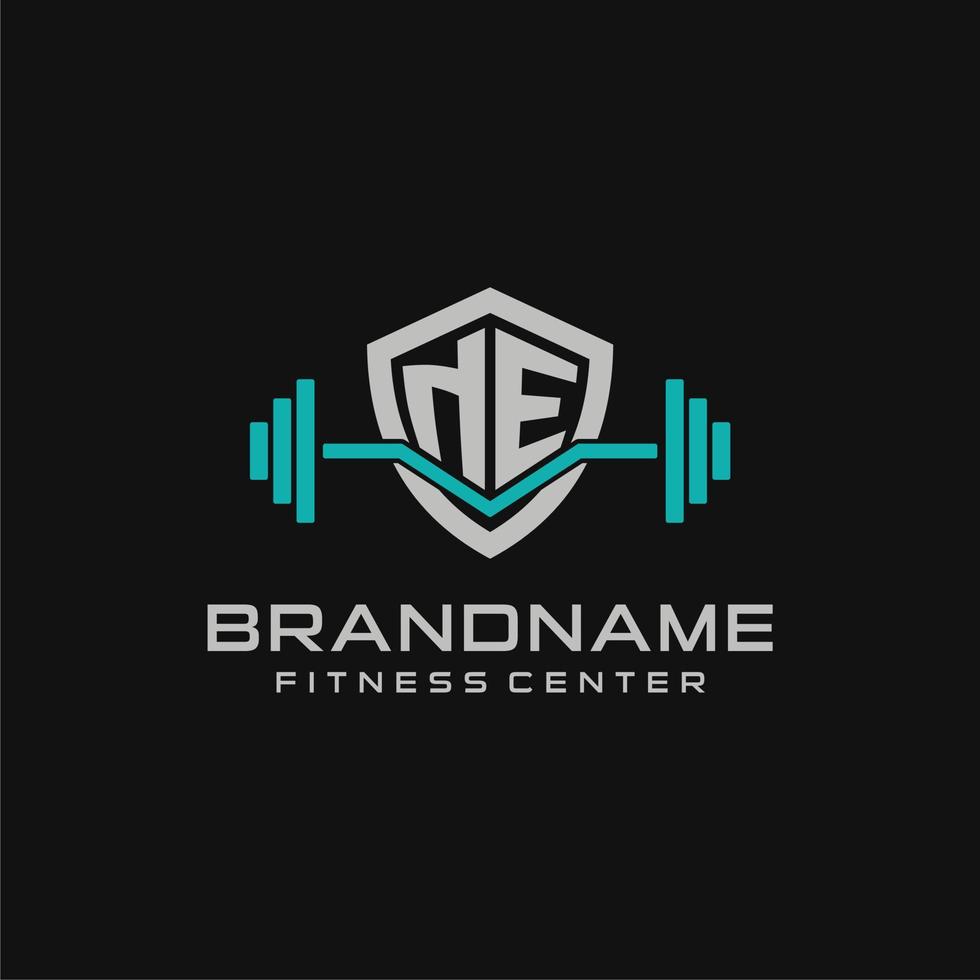 Creative letter NE logo design for gym or fitness with simple shield and barbell design style vector