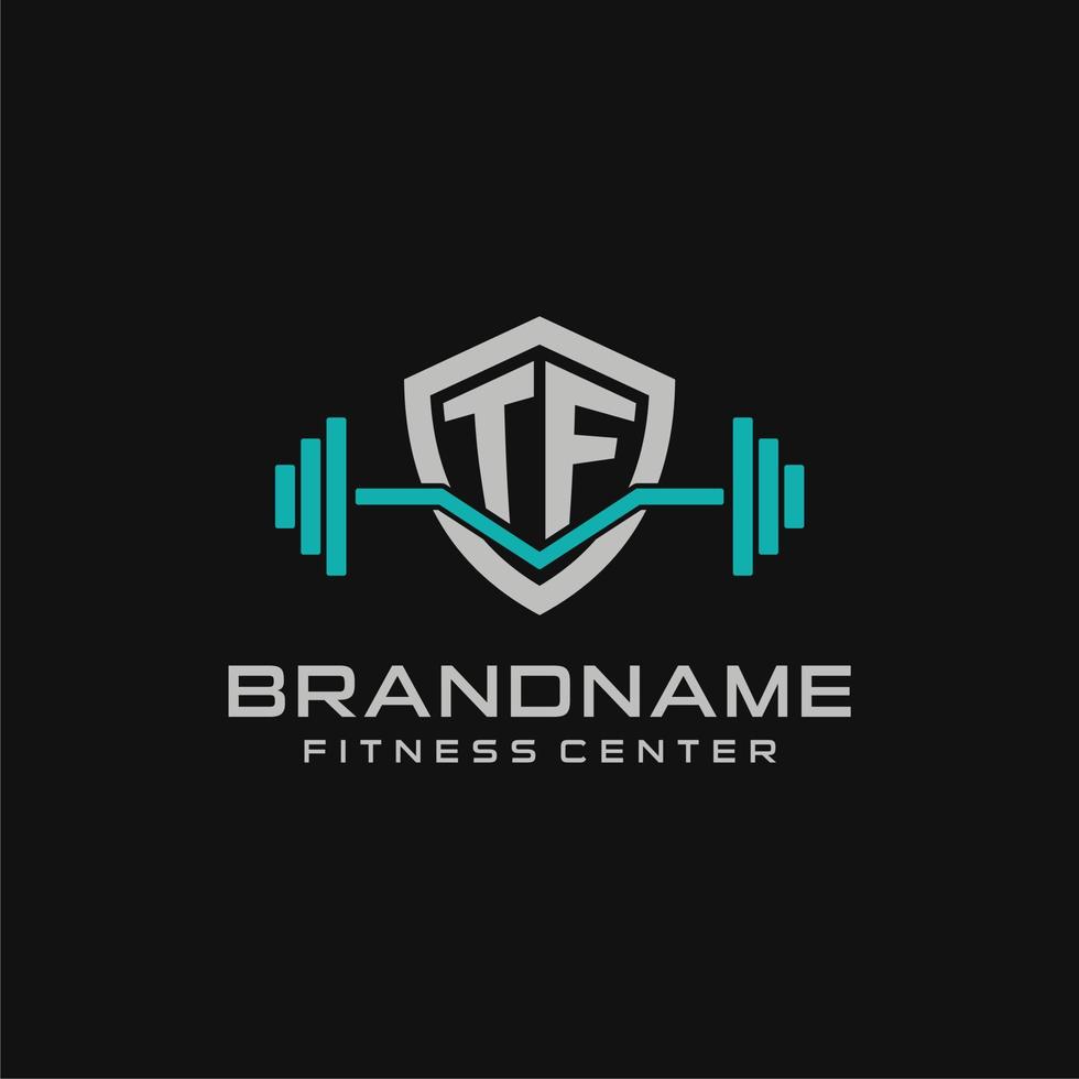Creative letter TF logo design for gym or fitness with simple shield and barbell design style vector