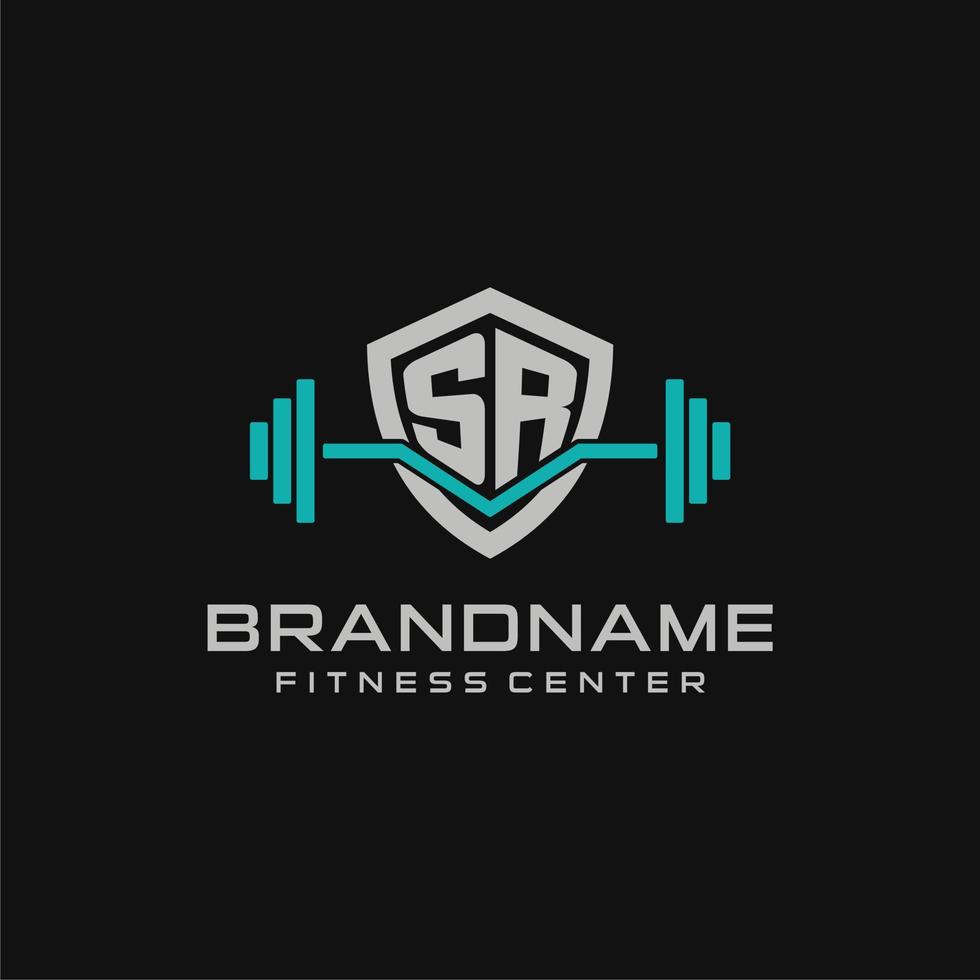 Creative letter SR logo design for gym or fitness with simple shield and barbell design style vector