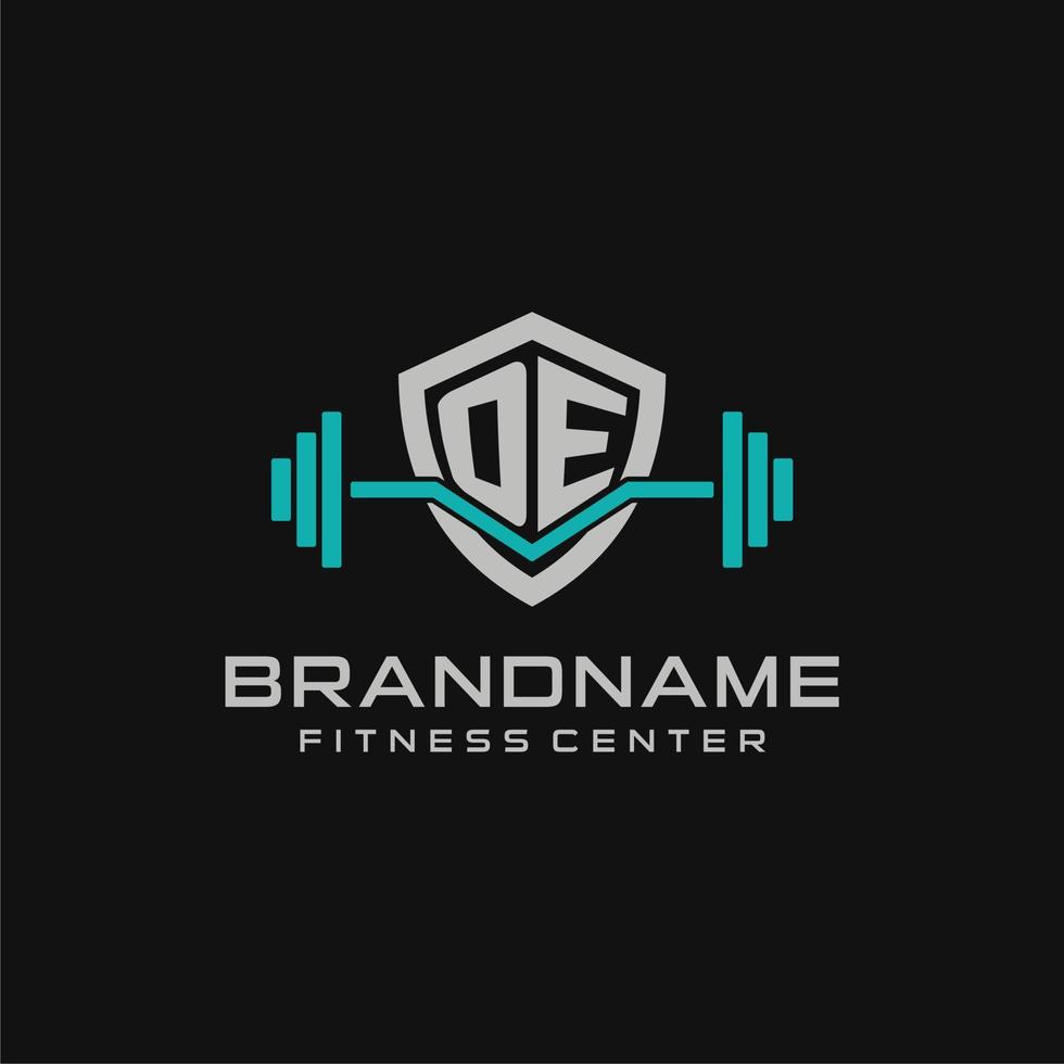 Creative letter OE logo design for gym or fitness with simple shield and barbell design style vector