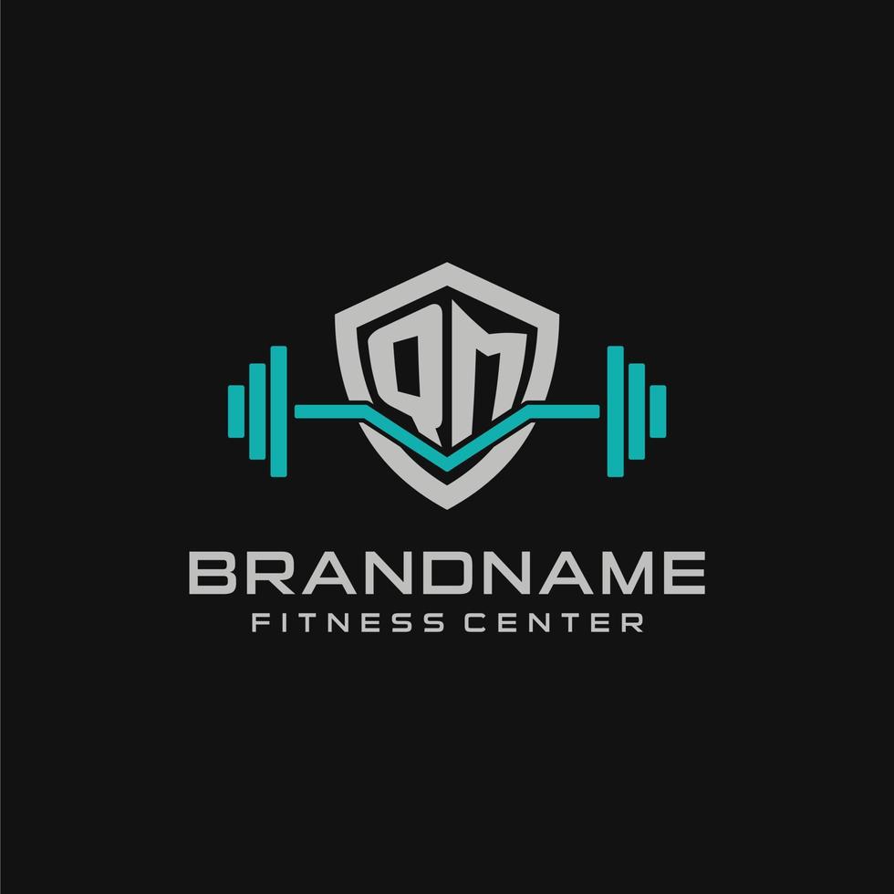 Creative letter QM logo design for gym or fitness with simple shield and barbell design style vector