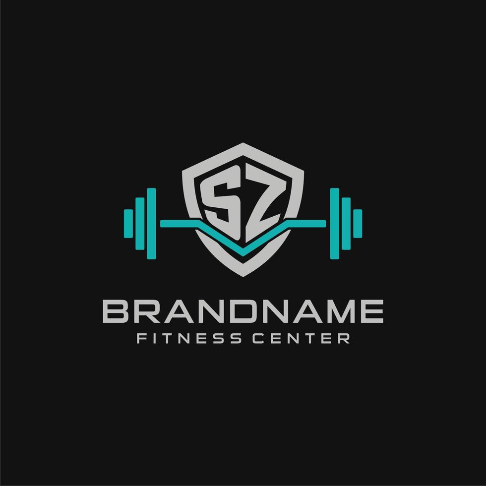 Creative letter SZ logo design for gym or fitness with simple shield and barbell design style vector