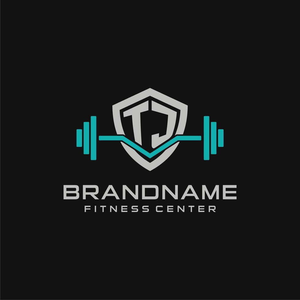 Creative letter TJ logo design for gym or fitness with simple shield and barbell design style vector
