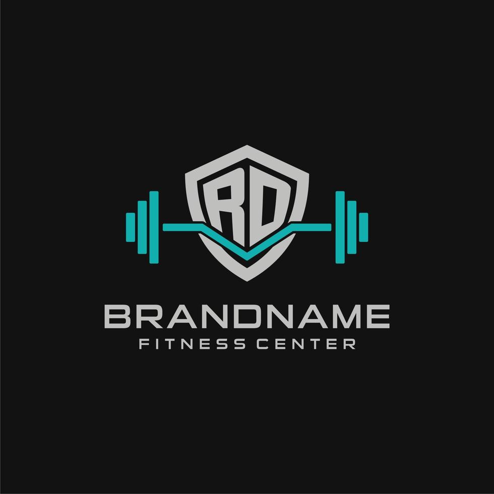 Creative letter RD logo design for gym or fitness with simple shield and barbell design style vector