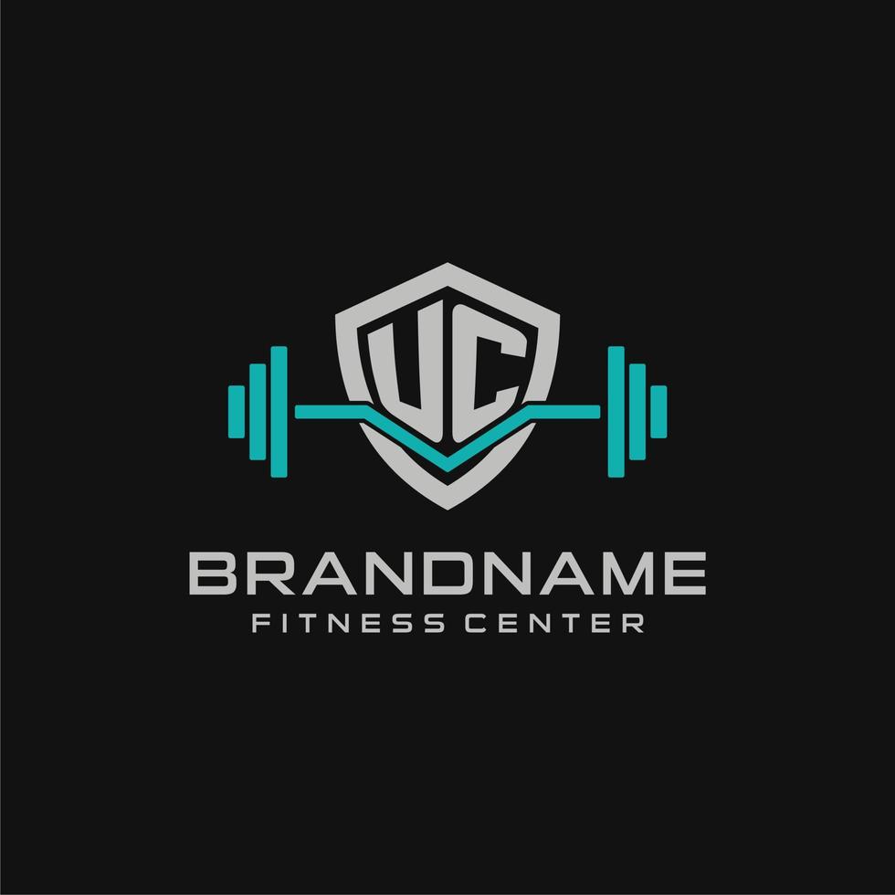 Creative letter UC logo design for gym or fitness with simple shield and barbell design style vector