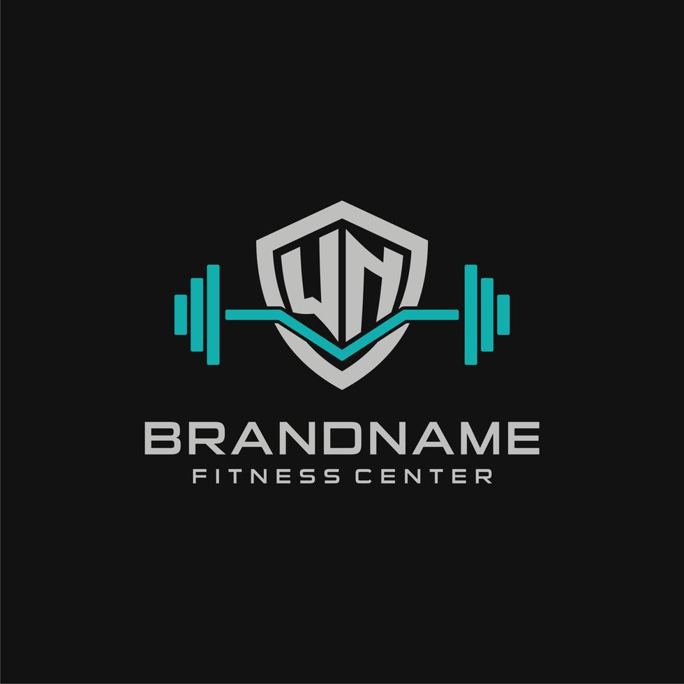 Creative letter WN logo design for gym or fitness with simple shield and barbell design style vector