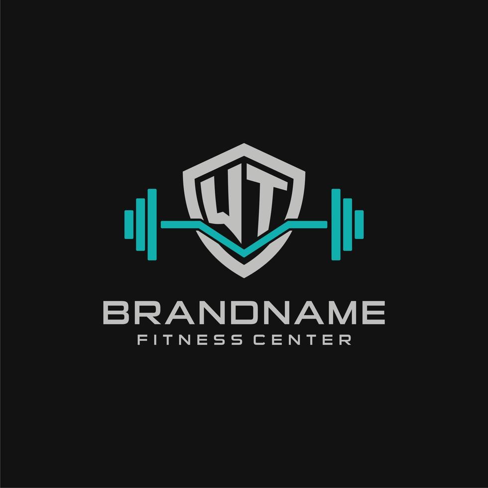 Creative letter WT logo design for gym or fitness with simple shield and barbell design style vector