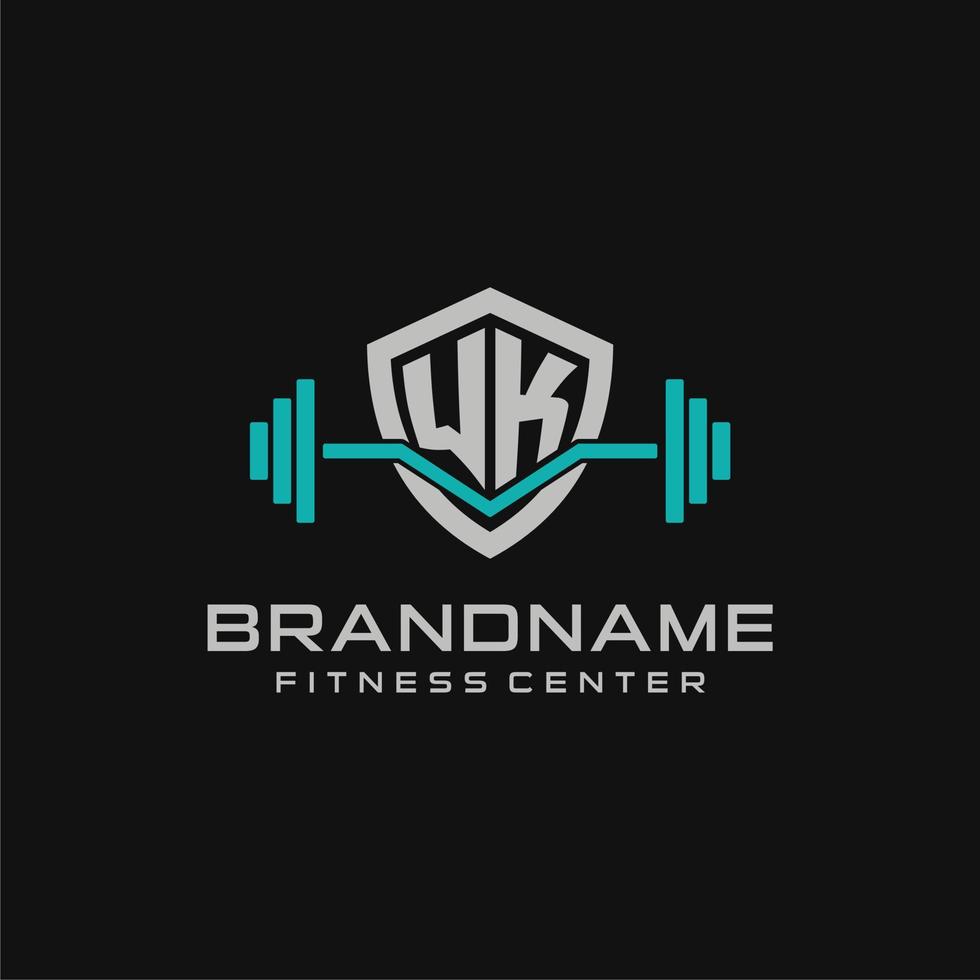 Creative letter WK logo design for gym or fitness with simple shield and barbell design style vector