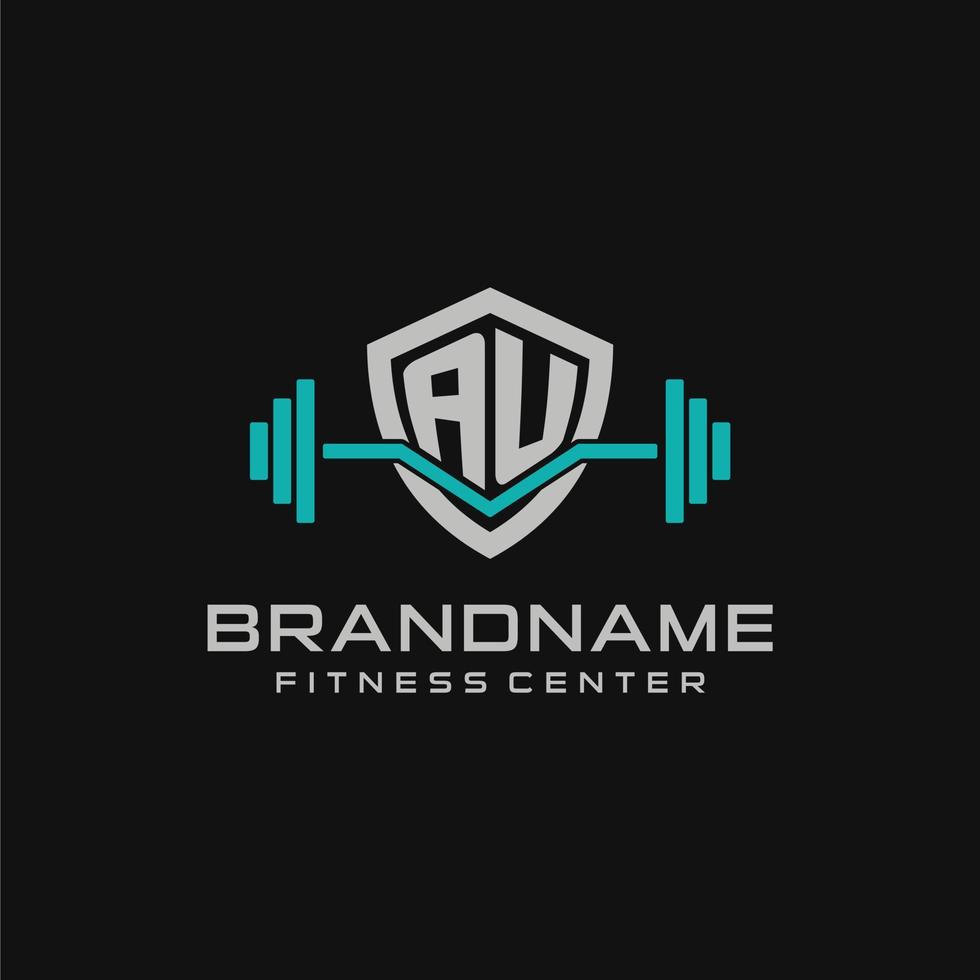 Creative letter AU logo design for gym or fitness with simple shield and barbell design style vector