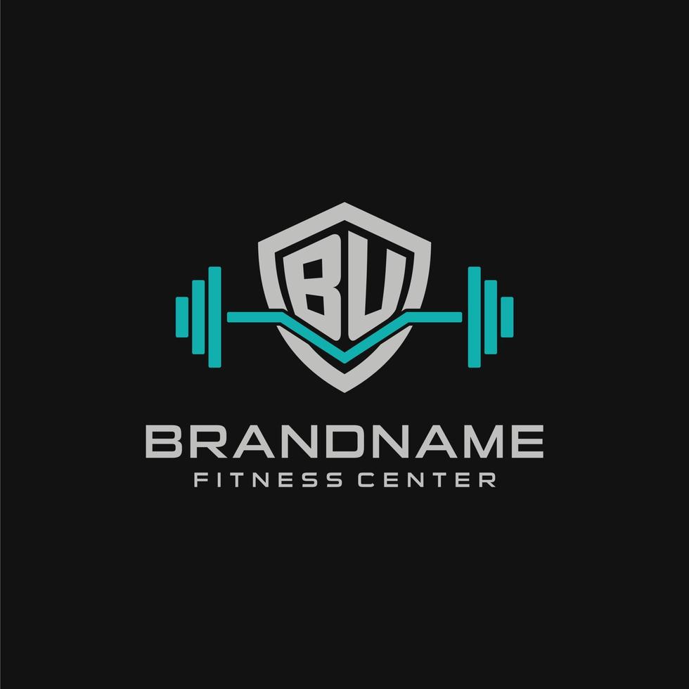 Creative letter BU logo design for gym or fitness with simple shield and barbell design style vector