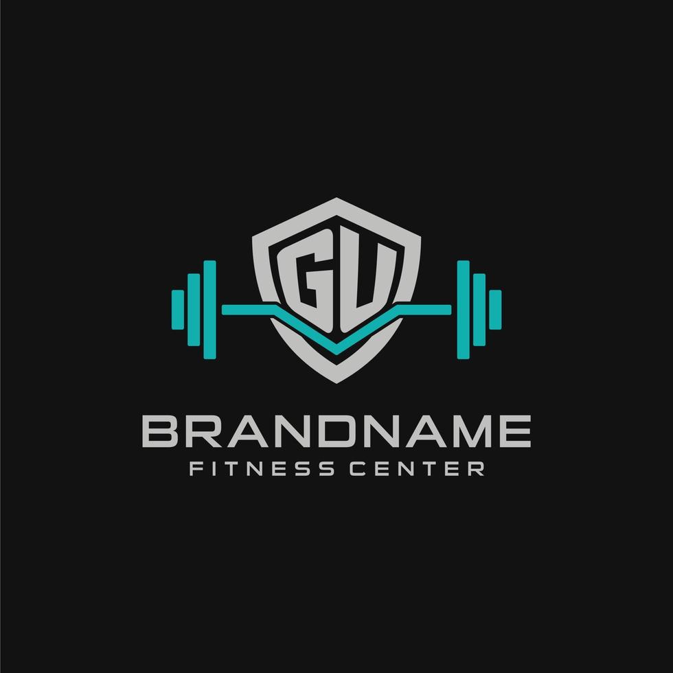 Creative letter GU logo design for gym or fitness with simple shield and barbell design style vector