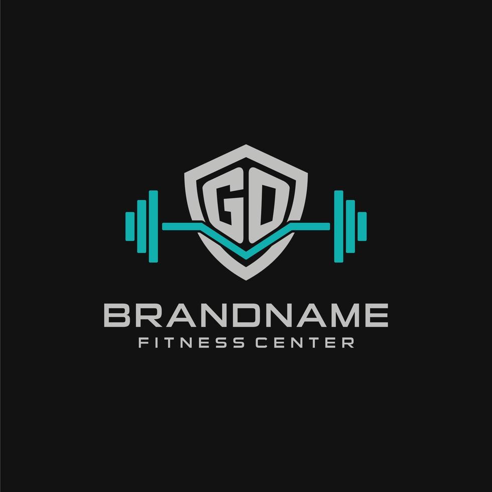 Creative letter GO logo design for gym or fitness with simple shield and barbell design style vector