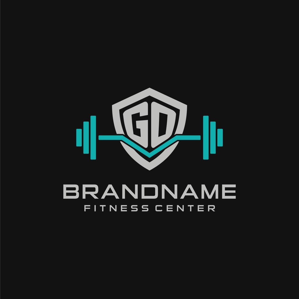 creativo letra Vamos logo diseño para gimnasio o aptitud con sencillo proteger y barra con pesas diseño estilo vector