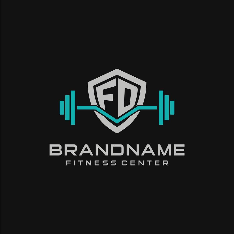 Creative letter FD logo design for gym or fitness with simple shield and barbell design style vector