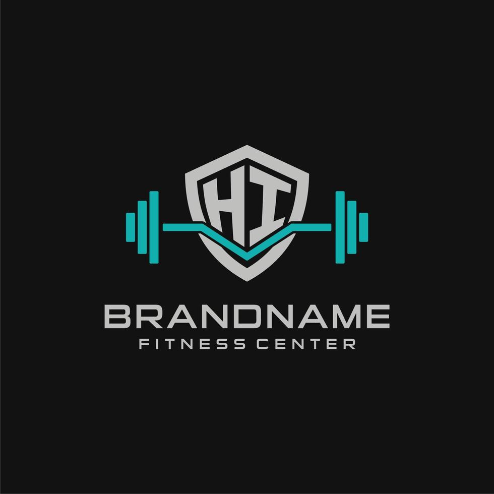 Creative letter HI logo design for gym or fitness with simple shield and barbell design style vector