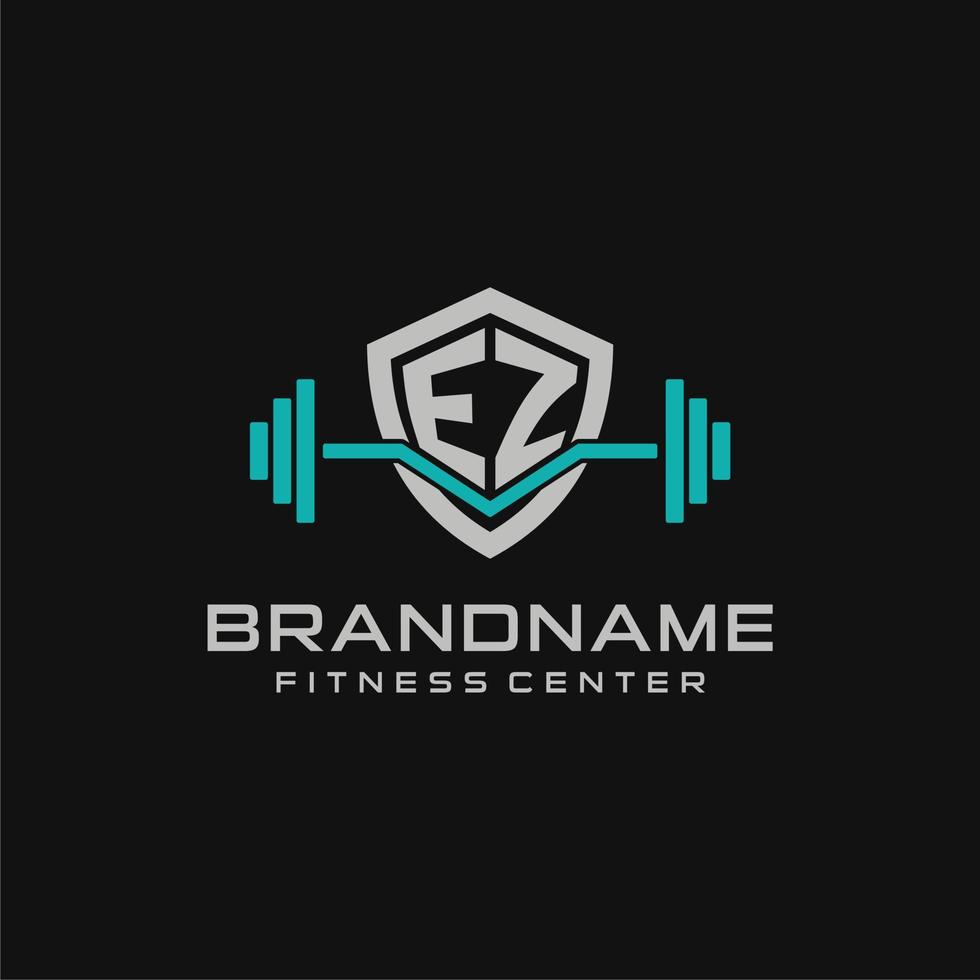 Creative letter EZ logo design for gym or fitness with simple shield and barbell design style vector