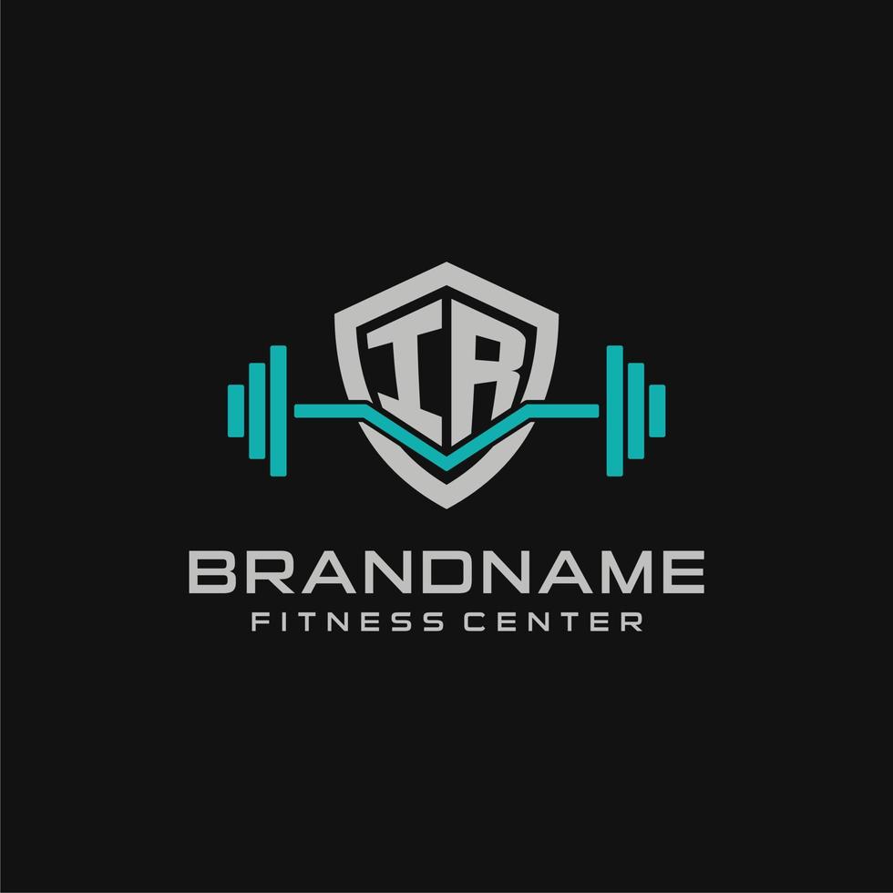 Creative letter IR logo design for gym or fitness with simple shield and barbell design style vector